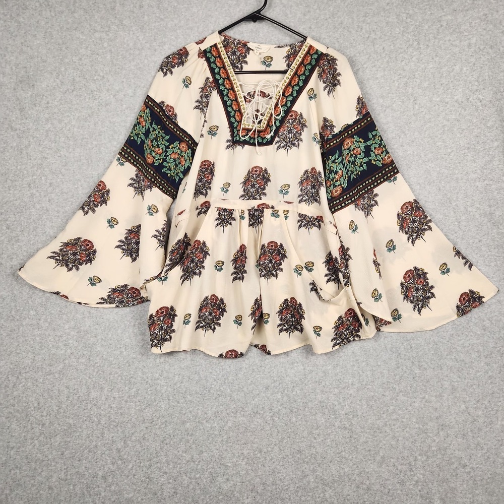 Entro Tunic Womens Medium Cream Multi Bell Sleeve Lace Up Pockets Boho Floral